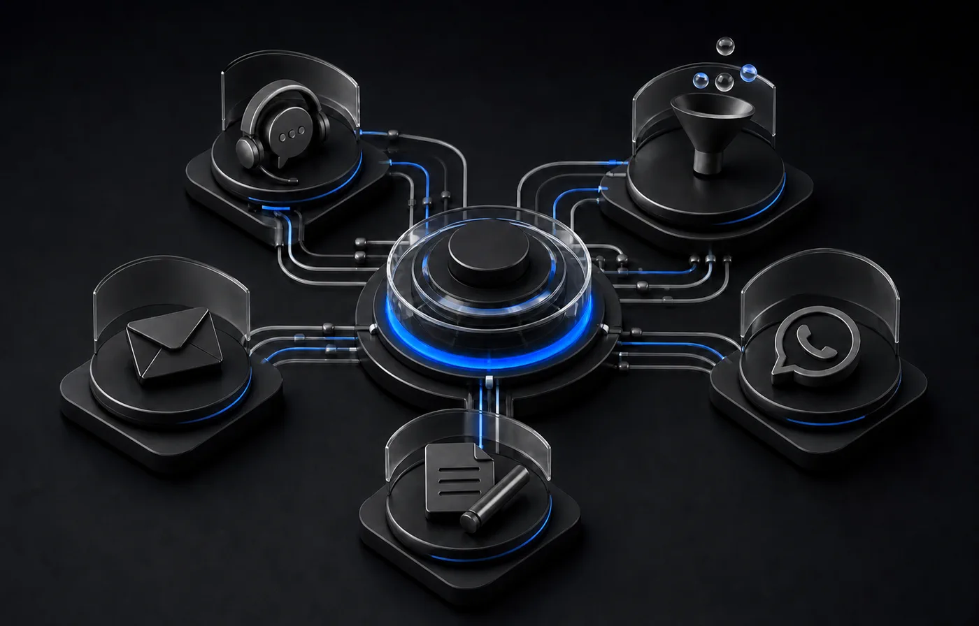 Conceptual visualization of connected AI customer engagement channels