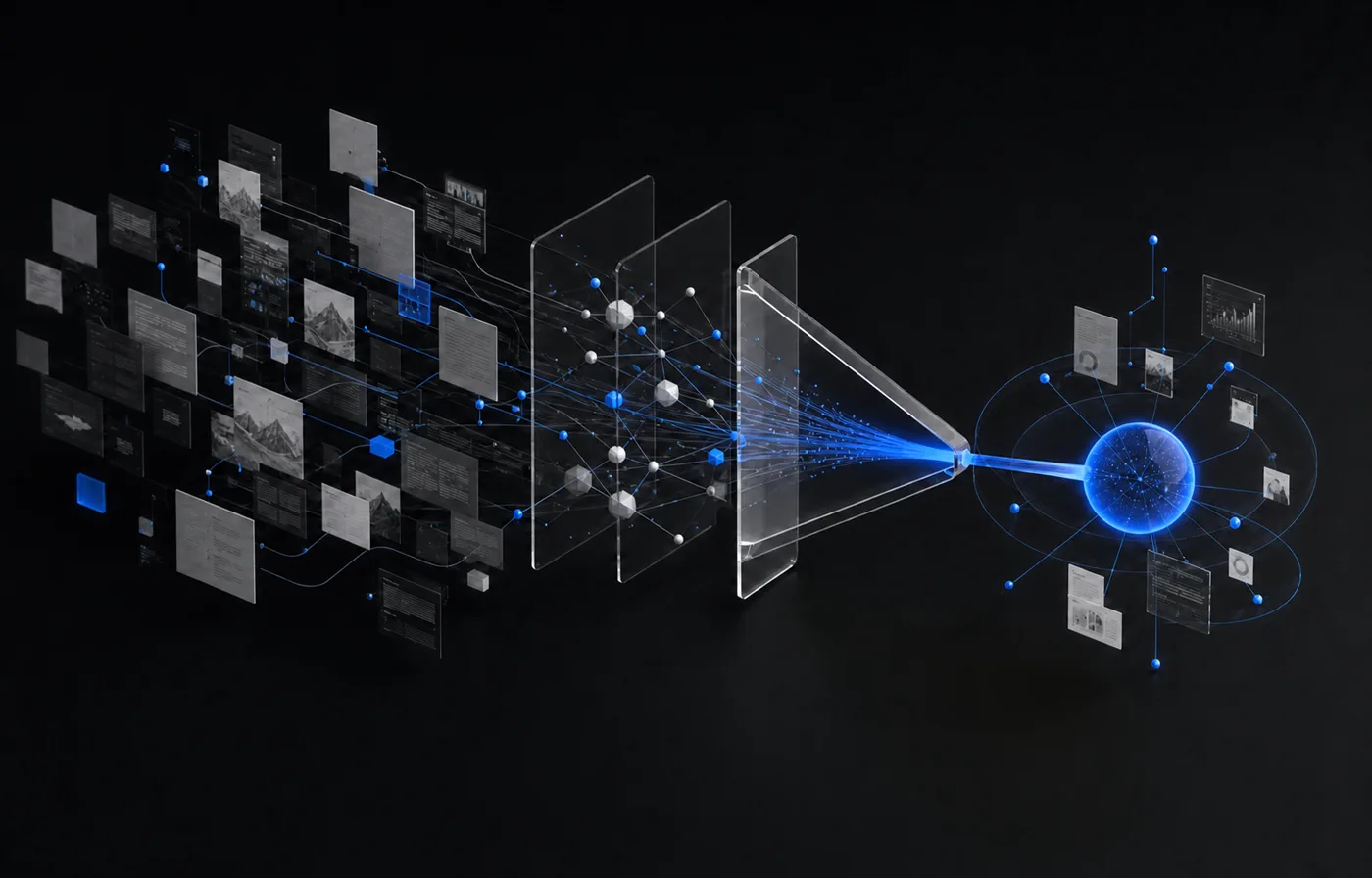 Conceptual visualization of research sources passing through an AI evidence pipeline